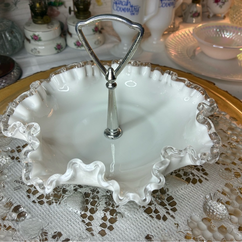 Fenton silver crest milk glass bonbon dish
